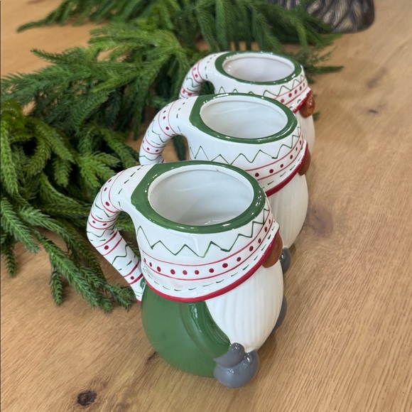 Pottery Barn Holiday 3 Gnome coffe mugs  - Green, Red, White, Gray - Picture 2 of 5